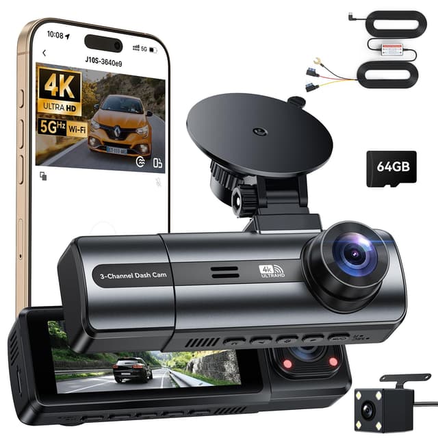 4K Dashcam Auto Vorne Hinten mit Hardwire Kit, WiFi Dash Cam mit Parküberwachung, 64GB SD Karte