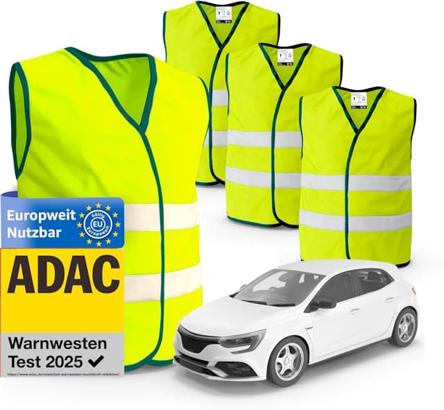 🚗🚨 4X Stück Warnwesten Auto gelb 2025 gemäß ISO20471 - PKW & LKW Sicherheitswesten 🚨🚗