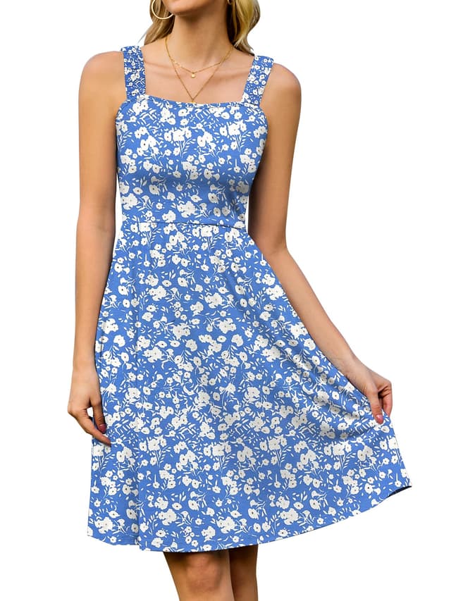StylSense Sommerkleid Damen Knielang Ärmelloses Blumenkleid mit Quadrat-Ausschnitt Casual Strandkleid mit Taschen für Strand Urlaub XXL Blau 🌞👗🌺