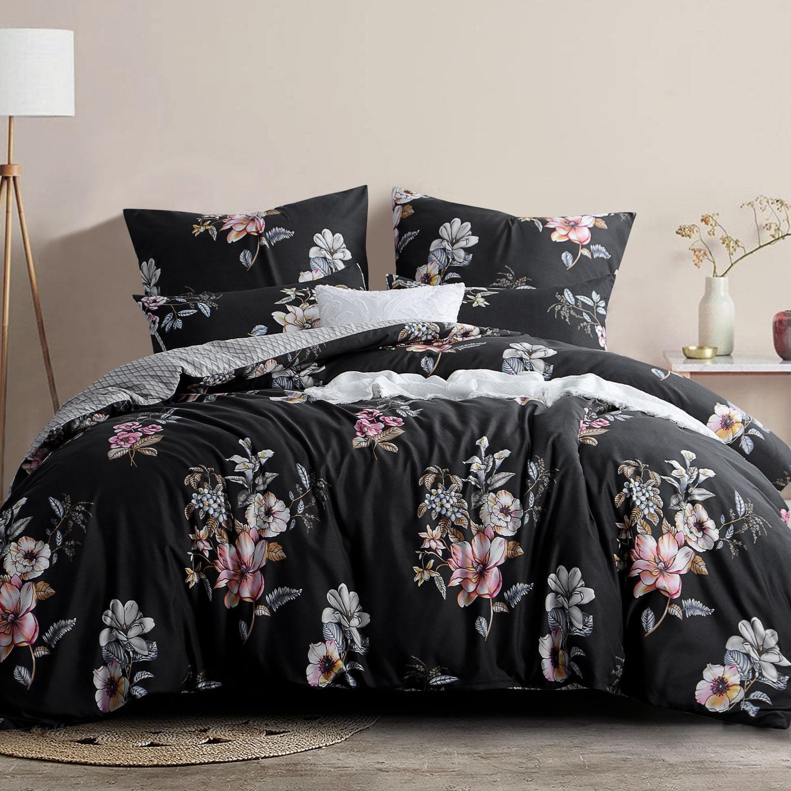 RUIKASI Bettwäsche 200x220 3 teilig Schwarz 🌺 - Bettbezug 200 x 220 Set mit Blumen Muster 🌸