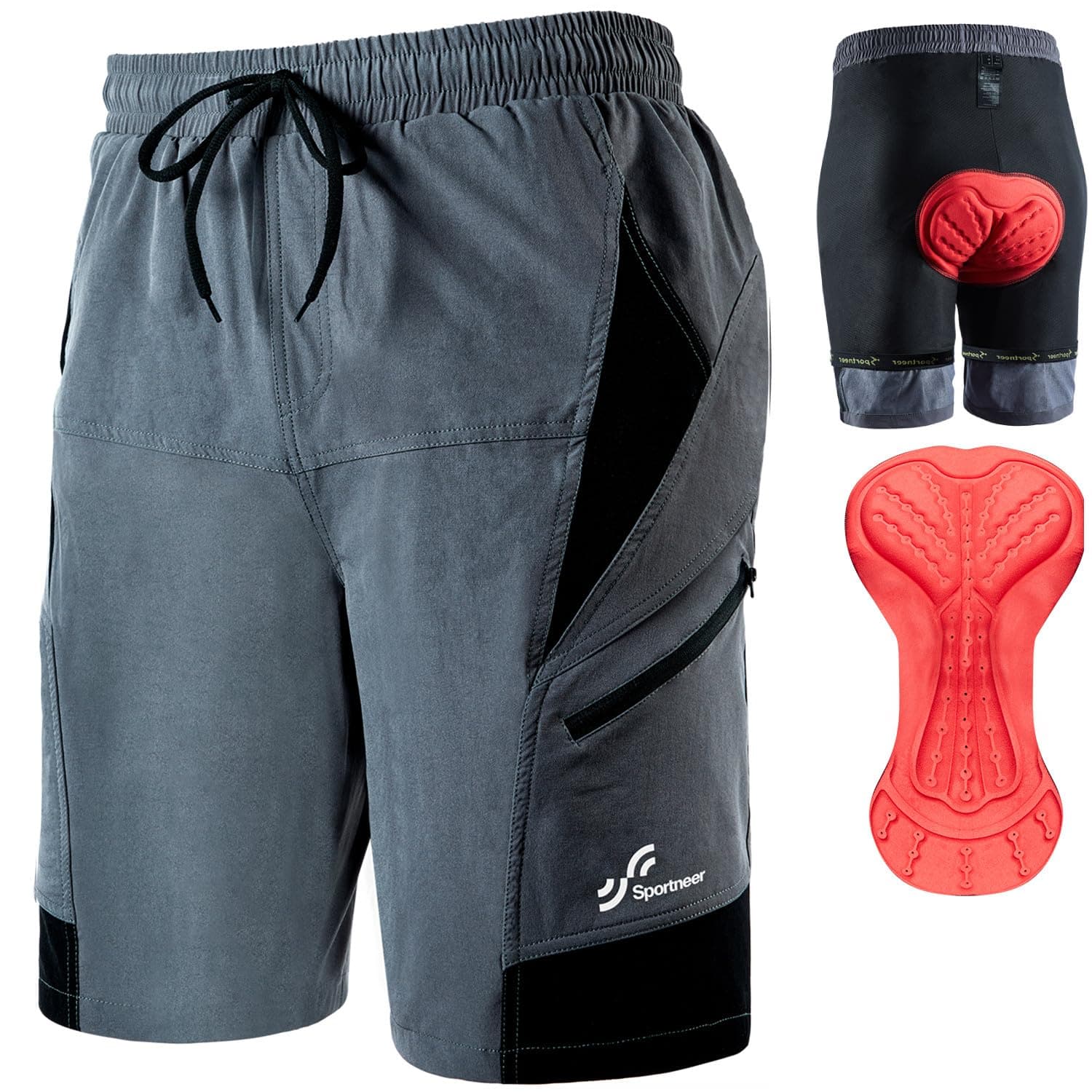 Sportneer MTB Radlerhose Herren 🚴‍♂️ Gepolsterte Radhose 3D Gefüttert XL Grau