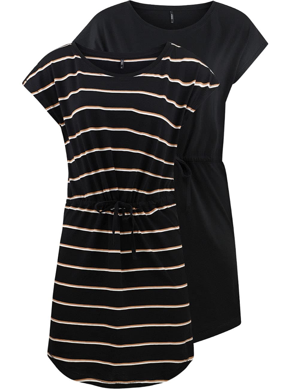 👗 Nur Damen Sommer Mini Kleid onlMAY S/S Dress 2er Pack Grösse XS S M L XL XXL Gestreift Schwarz 100% Baumwolle L Black Double Camel