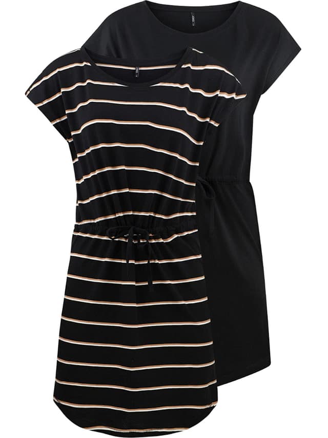 👗 Nur Damen Sommer Mini Kleid onlMAY S/S Dress 2er Pack Grösse XS S M L XL XXL Gestreift Schwarz 100% Baumwolle L Black Double Camel