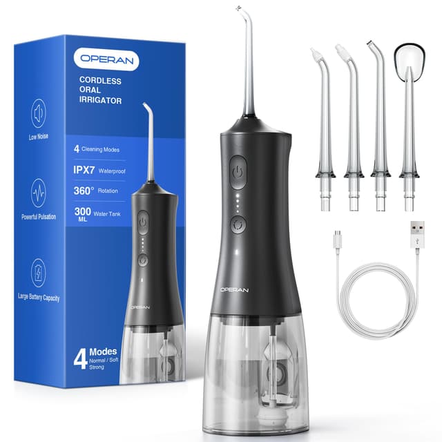 🦷🚿 Operan Munddusche Kabellos, Tragbar Elektrische Zahndusche 4 Modi & 4 Düsen, 300ML Oral Irrigator Munddusche Testsieger (Schwarz)