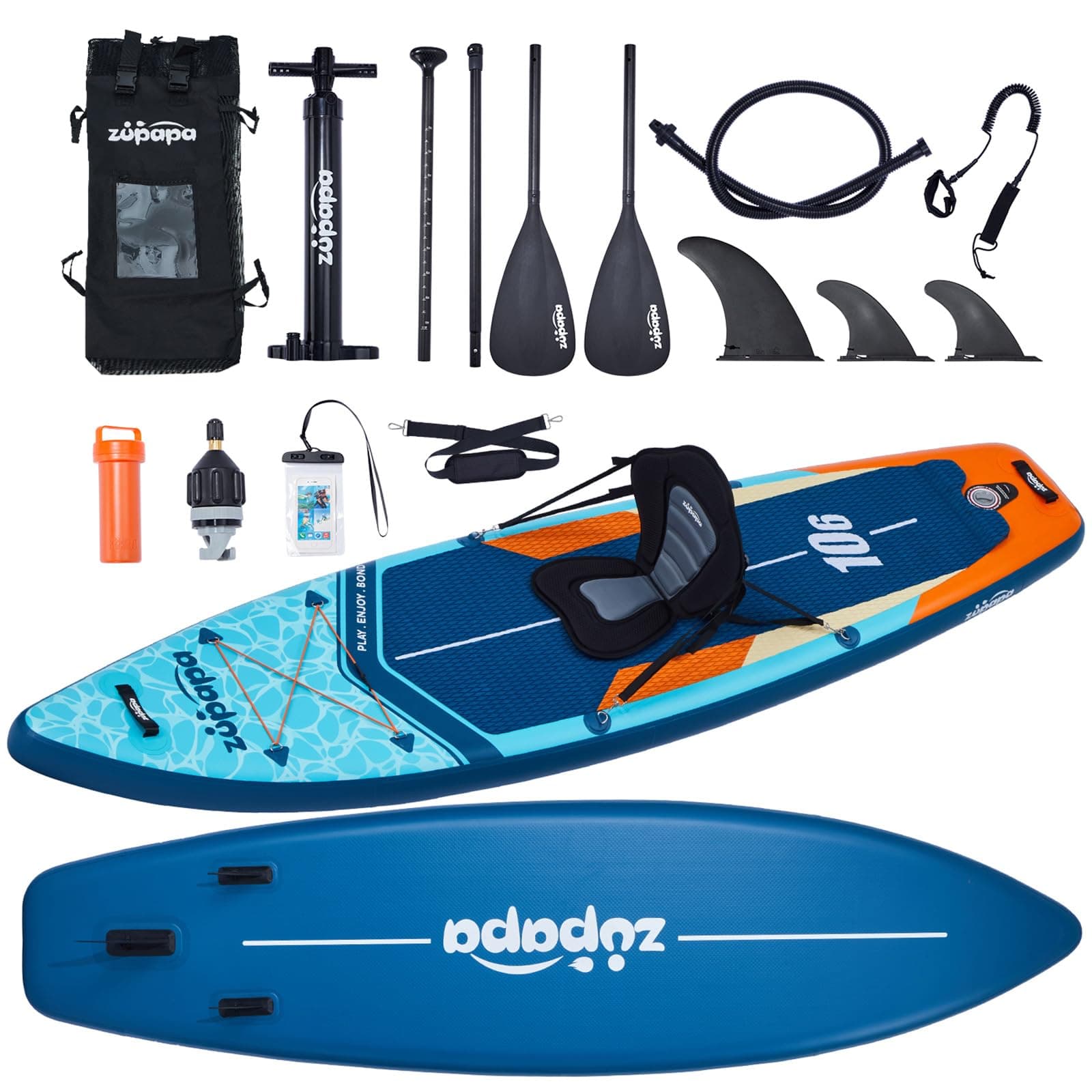 Zupapa 366cm & 320cm Aufblasbare SUP Board Set 🌊 Stand Up Paddle Board mit Kajak Sitz | Komplettes Zubehör 320cm(10.6ft) Blau-Orange