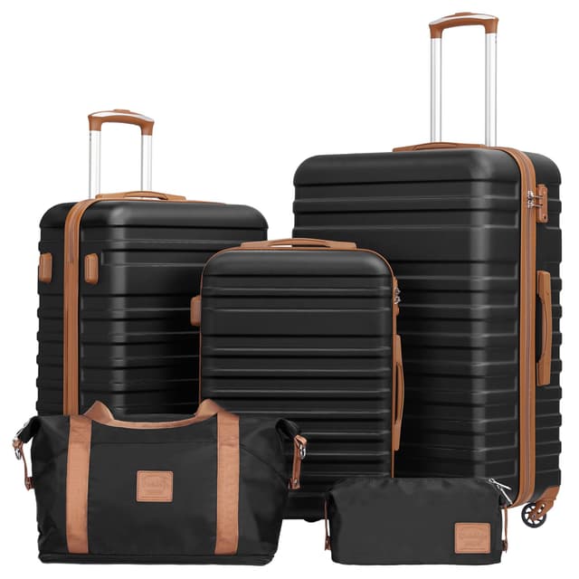 🧳🌟 COOLIFE Koffer Trolley Koffer Reisekoffer von ABS Hartschalen Trolley 4 Rollen TSA-Schloss Schwarz/Braun Koffer-Set 5tlg