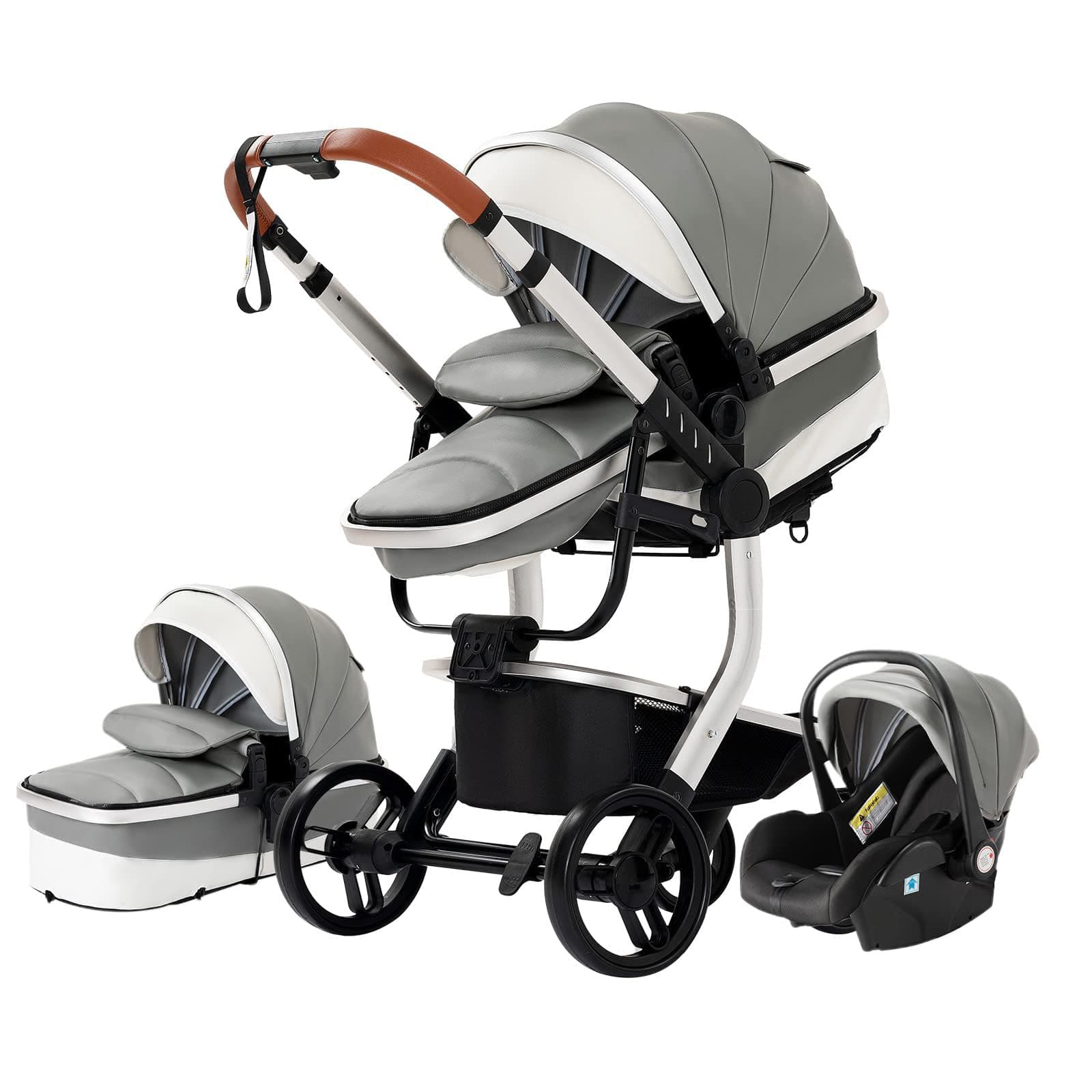👶 NADDLILY PU-Leder Kinderwagen 3 in 1, Buggy mit Umkehrbarem Zwei-Wege-Schub, Kinderwagen Faltbarem Tragbarem One-Click-Design, Kinderwagen 3 in 1 Komplettset mit Zubehör Hohe Landschaft (518 Grey) 👶