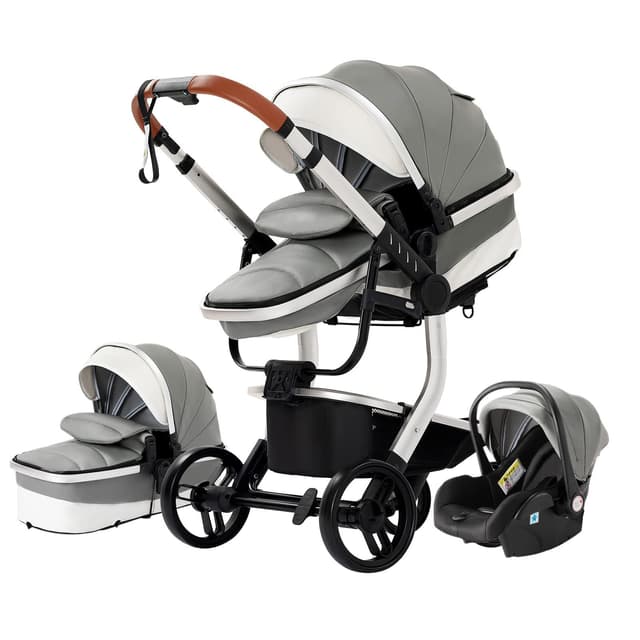 👶 NADDLILY PU-Leder Kinderwagen 3 in 1, Buggy mit Umkehrbarem Zwei-Wege-Schub, Kinderwagen Faltbarem Tragbarem One-Click-Design, Kinderwagen 3 in 1 Komplettset mit Zubehör Hohe Landschaft (518 Grey) 👶