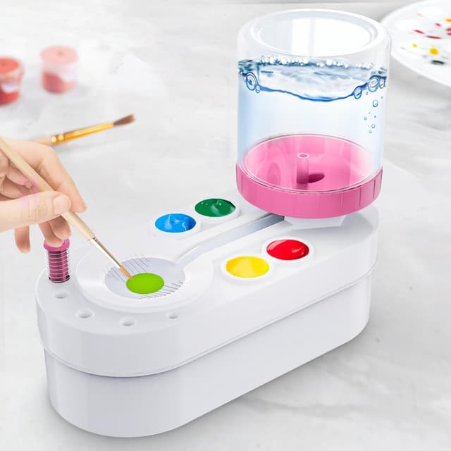 Kimimara Pinselreiniger Bürstenspüler Brush Cleaner—Paint Brush Rinser, Automatische Pinselspüler mit Fließendem Wasserkreislauf für Acryl, Aquarell, Malerei auf RinserArt Tool (Pink) 🖌️