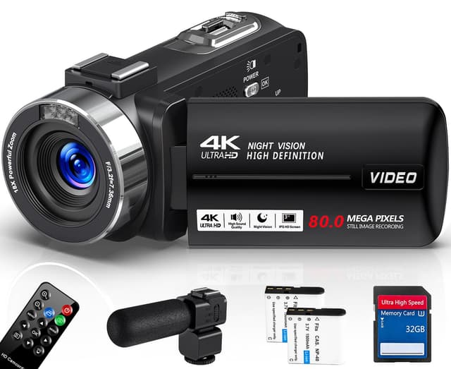 Delmodes Videokamera 4K 30FPS Camcorder 80MP 18X Digitalzoom IR Nachtsicht Vlogging Kamera