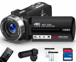 Delmodes Videokamera 4K 30FPS Camcorder 80MP 18X Digitalzoom IR Nachtsicht Vlogging Kamera