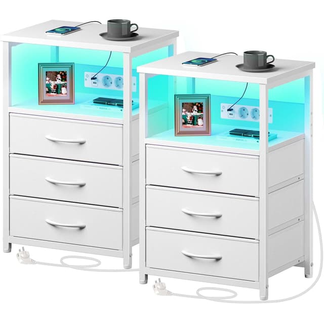 🌟 2er-Set LED Nachttisch mit Ladefunktion & Stoffschubladen 🌈