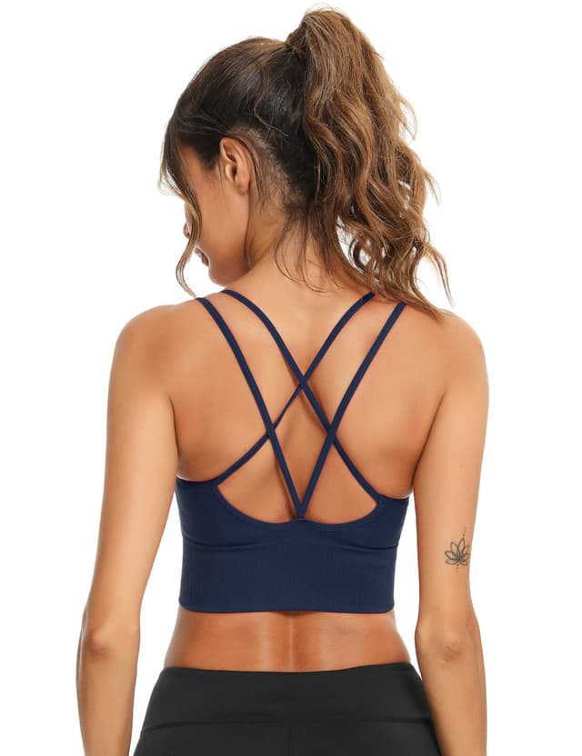 🌟 Sykooria Sport BH Damen Gepolstert Bustier Damen BH ohne Buegel Spaghettiträger Cross Back Design Push up BH Sport Bra Top für Yoga Fitness A-dunkelblau M