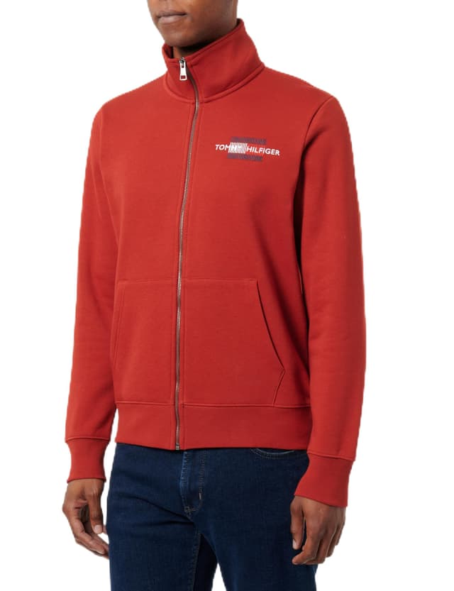 Tommy Hilfiger Herren Sweatshirt mit Reißverschluss Flag Embro Stehkragen 3XL Große Größen Rot (Dark Magma) 🧥🔥