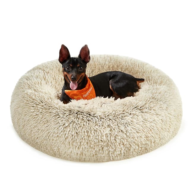 🐶 Feandrea Hundebett flauschig, Katzenbett, Donut Kissen, waschbar, Polsterung in der Mitte herausnehmbar, Langer Plüsch, 60 cm Durchmesser, Ombré-Khaki PGW038S01 L 60 x B 60 x H 20 cm Ombré-Khaki