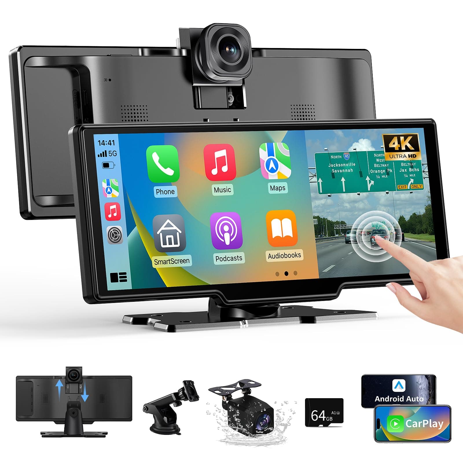 Alpinetech 10,26 Zoll Carplay Display & Android Auto Display mit 4K Dashcam und Rückfahrkamera