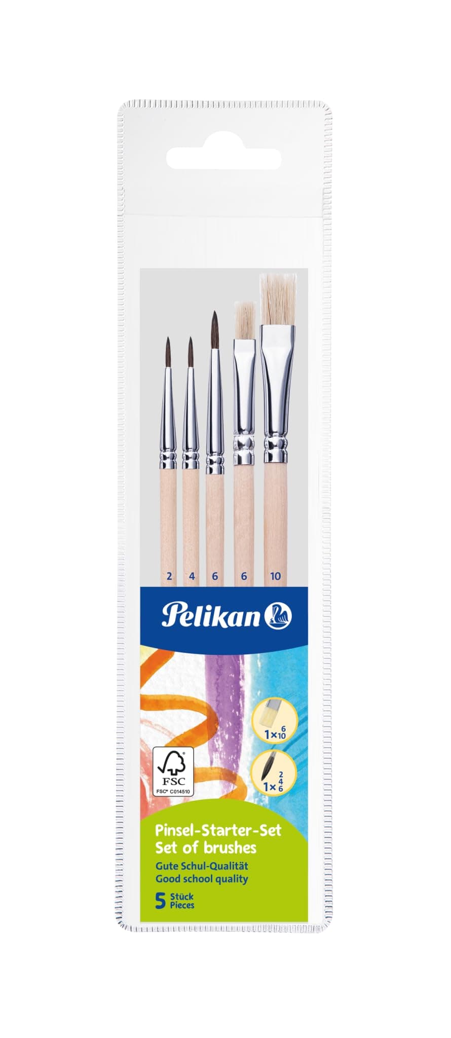 🎨 Pelikan Pinsel-Set, Größe 2, 4, 6, 10, (3 Haarpinsel, 2 Borstenpinsel), Schaft naturbelassen, 5 Stück 1er Pack