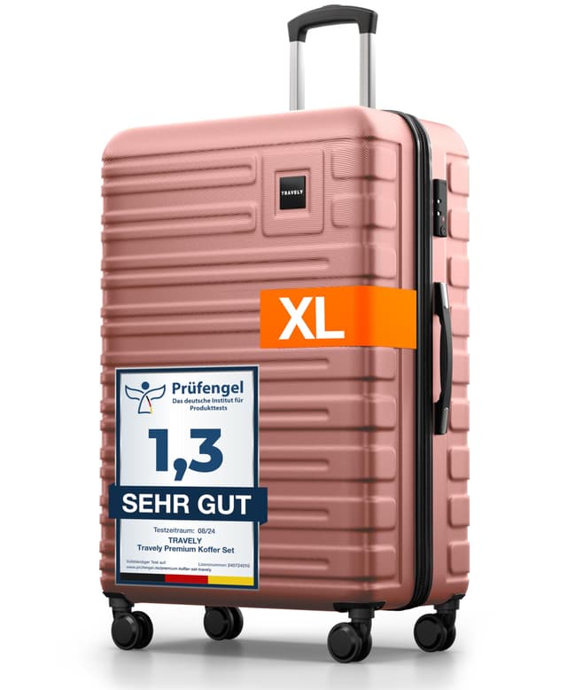 🧳🌟 Travely Polycarbonat Koffer Groß 77cm XL - 100L Innenvolumen - 158cm Gurtmaß - Roségold