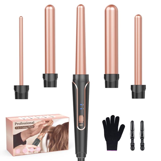 Lockenstab Set 5 in 1 Welleneisen - Lockenstäbe für Große Keine Locken Keramik Lockenwickler mit Verschiedenen Aufsätzen Temperatureinstellung Schnelle Erwärmung mit Handschuh und 2 Clips Rose Gold 5 in 1 💖
