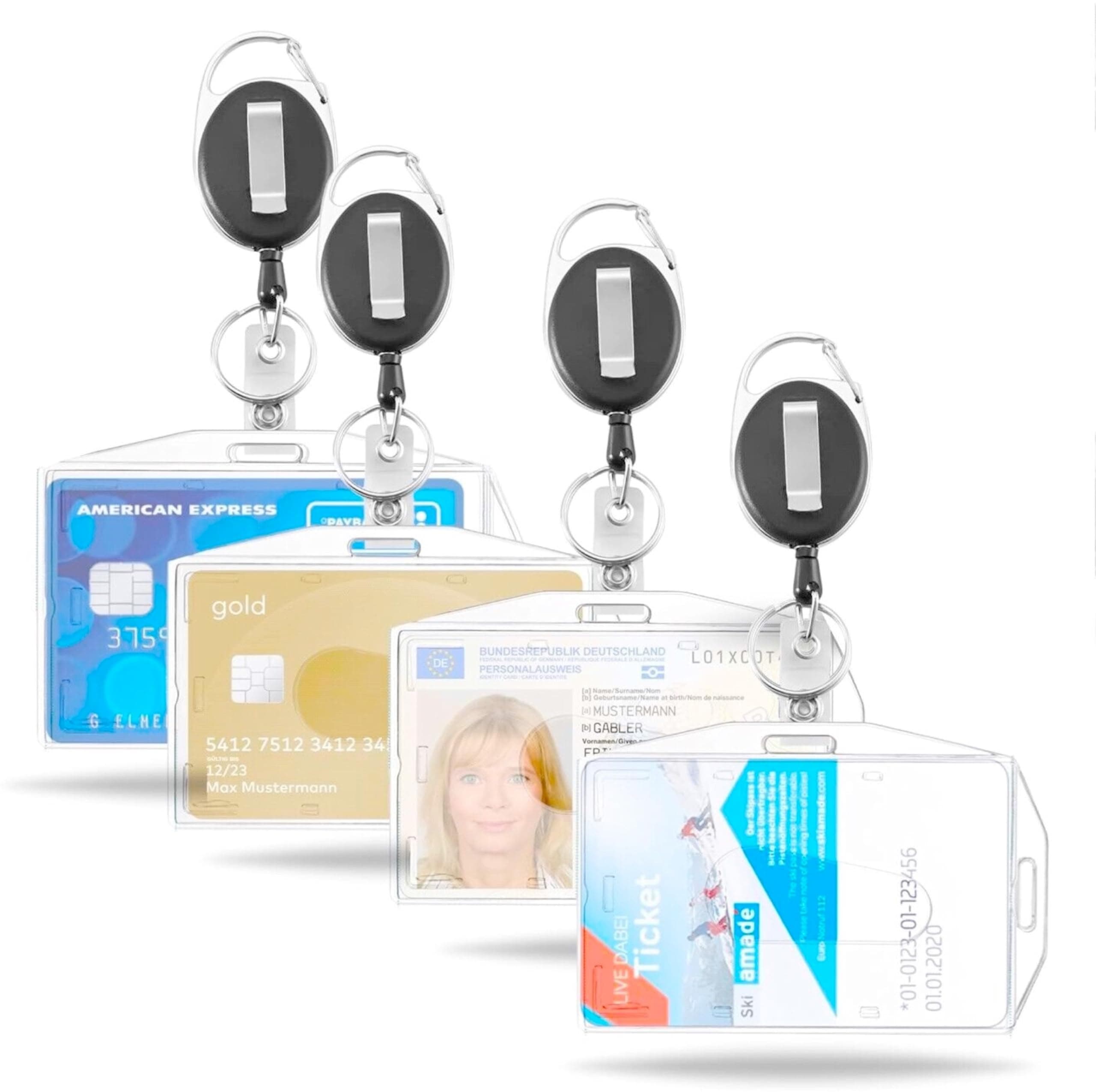🔑🔖 4x Ausweishalter mit einziehbarer Ausweisjojo - Hartplastik - Card Badge Holder