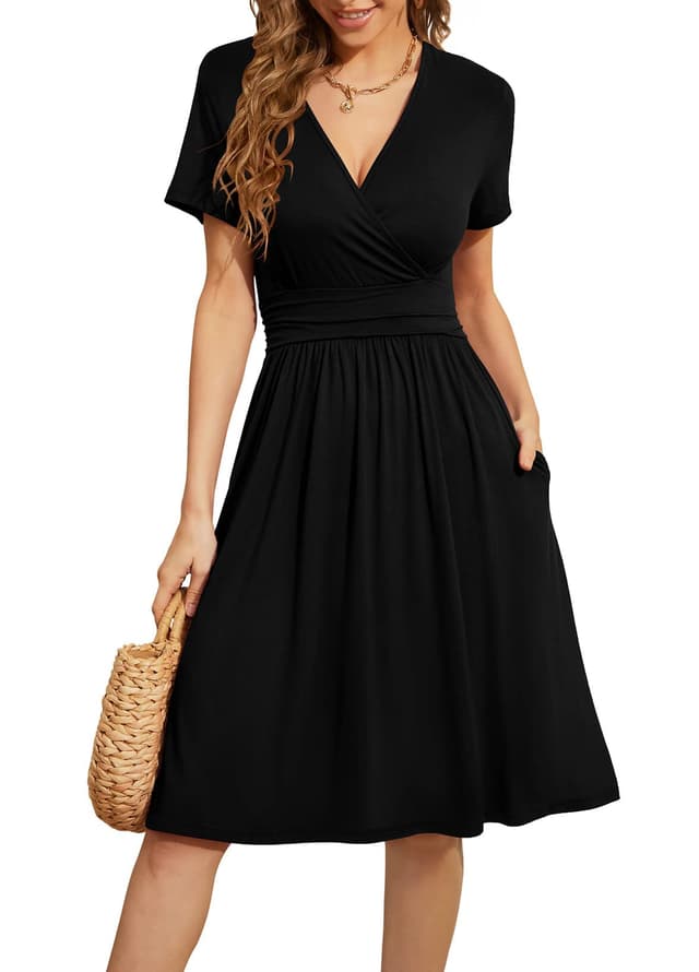 👗 Actcat V-Ausschnitt Kleid Kurzarm Casual Kleider Sommerkleid Floral Party Kleid mit Taschen A1 Schwarz XL 🌸👜