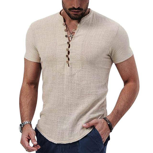 Puimentiua Leinenhemd Herren Sommer Kurzarm Regular Fit - Hellkhaki M 🌞👔