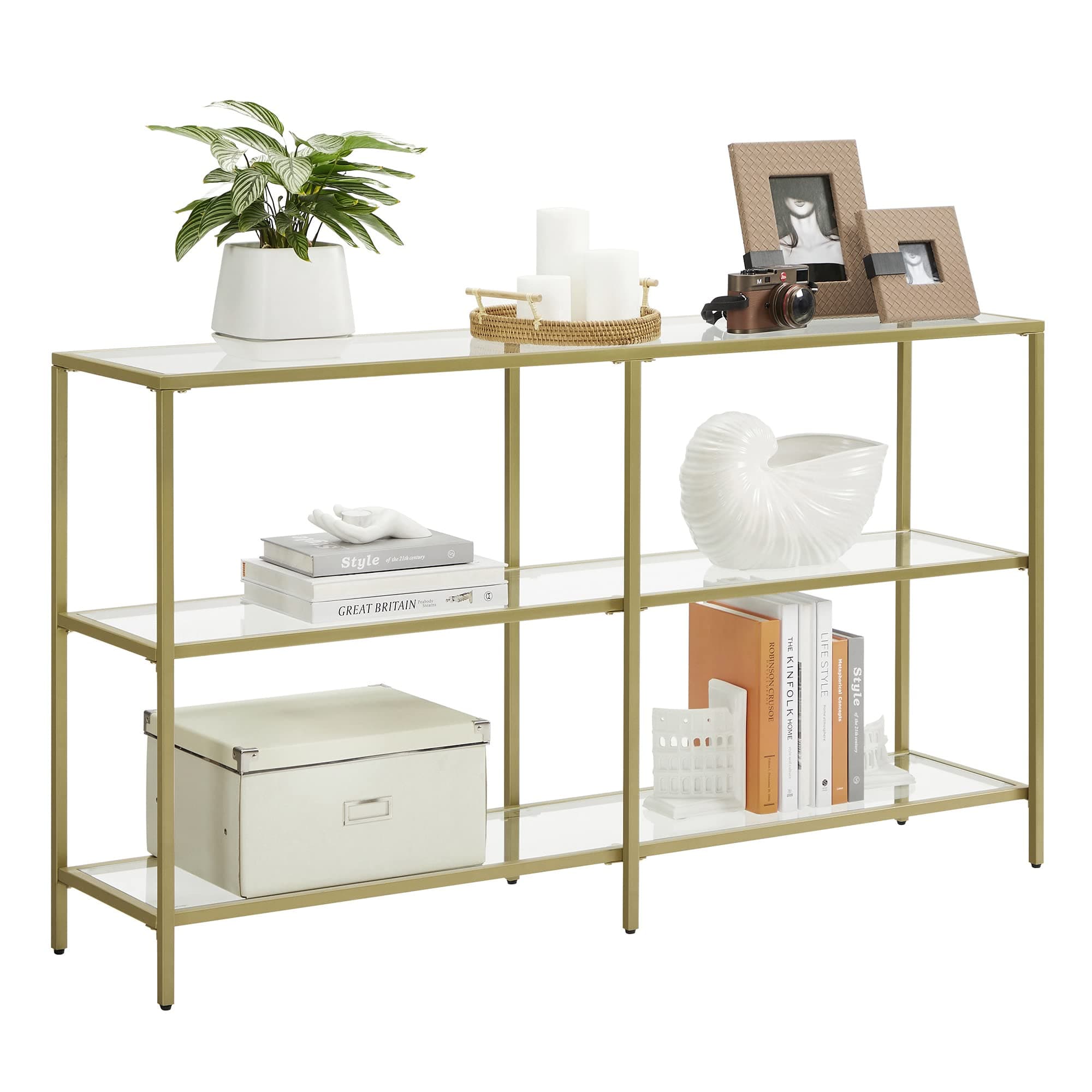 VASAGLE Konsolentisch, Regal, 3 Ablagen aus Hartglas, Flurtisch, goldfarben + transparent