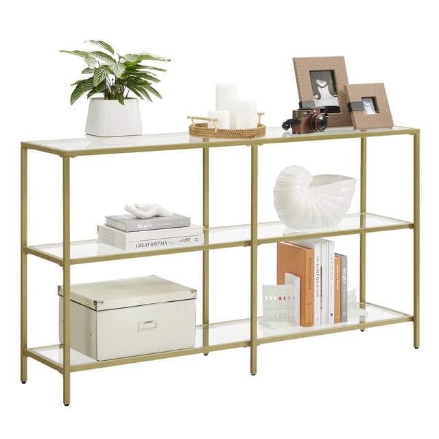 VASAGLE Konsolentisch, Regal, 3 Ablagen aus Hartglas, Flurtisch, goldfarben + transparent