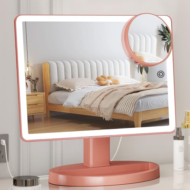 FUNTOUCH Großer beleuchteter Schminkspiegel, 37 x 22,8 cm, 88 LEDs, 360 Grad drehbarer Touchscreen, 10-fache Vergrößerung, Tisch-Kosmetikspiegel, Roségold 3-farben-beleuchtung-roségold