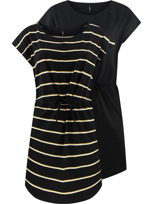 👗🌞 NUR Damen Sommer Mini Kleid onlMAY S/S Dress 2er Pack - Gestreift Schwarz 100% Baumwolle XL