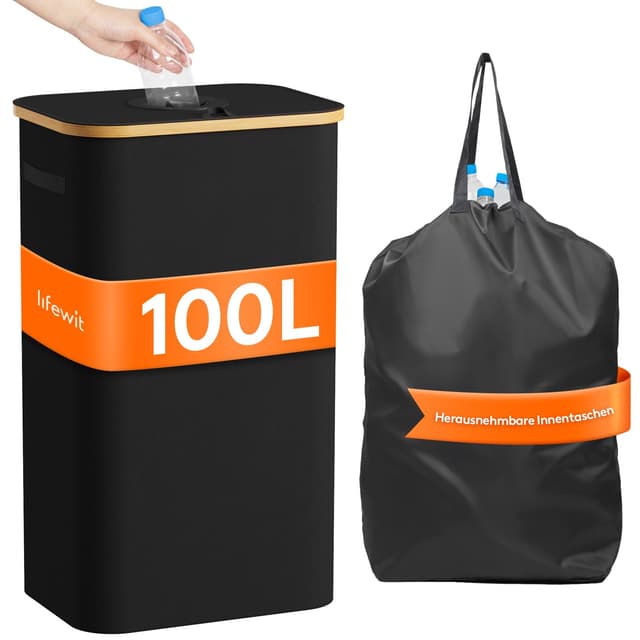 🌟 Lifewit Pfandflaschen Sammelbehälter mit Deckel, 100L Bambus Groß Leergut Sammelbehälte 🌟