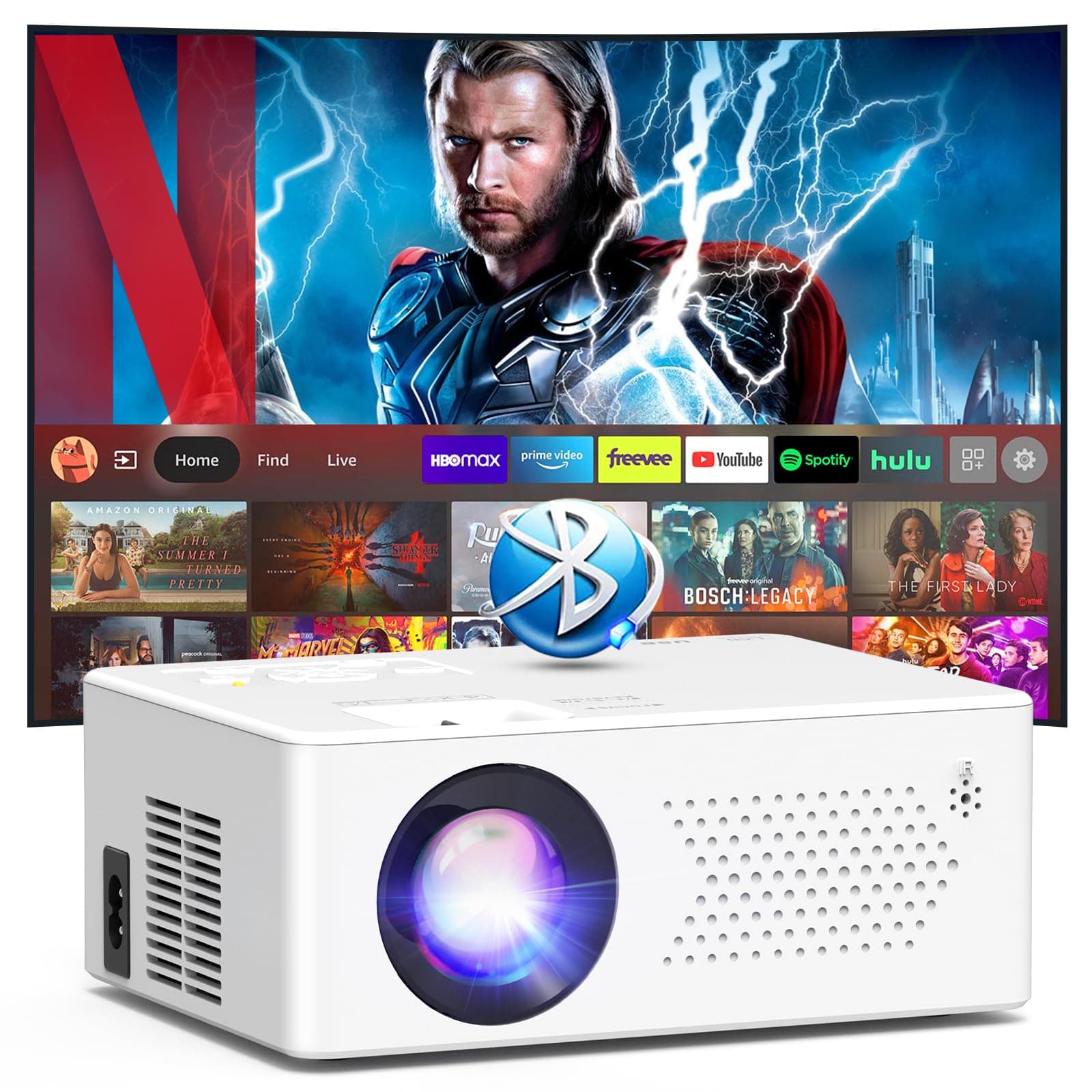 Puxinat Smart Beamer mit Android OS, Mini Beamer WiFi6 Bluetooth5.2 Full HD 1080P Tragbarer Outdoor/Heimkino Projektor
