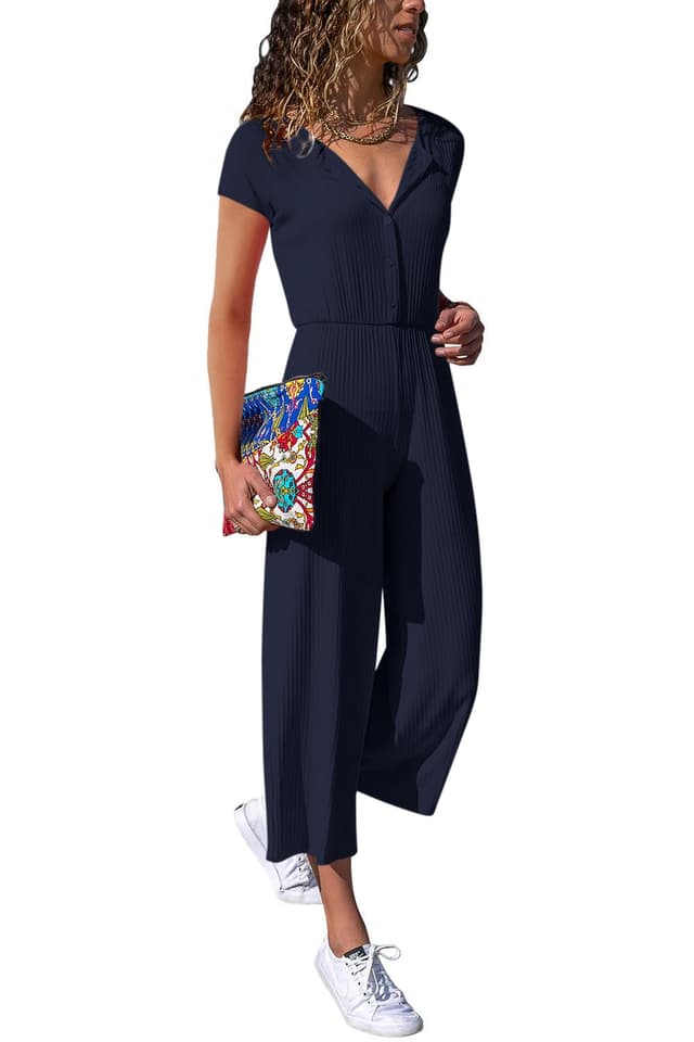Cassiecy Jumpsuit Damen Elegant Kurzarm Playsuit V-Ausschnitt Casual Lose Overalls Lang Romper L Marineblau 🌟