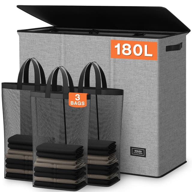 🌟 Mega-Deal: SOLEDI 180L Wäschekorb mit Deckel und 3 Fächern - Großer XXXL Wäschesortierer in Grau