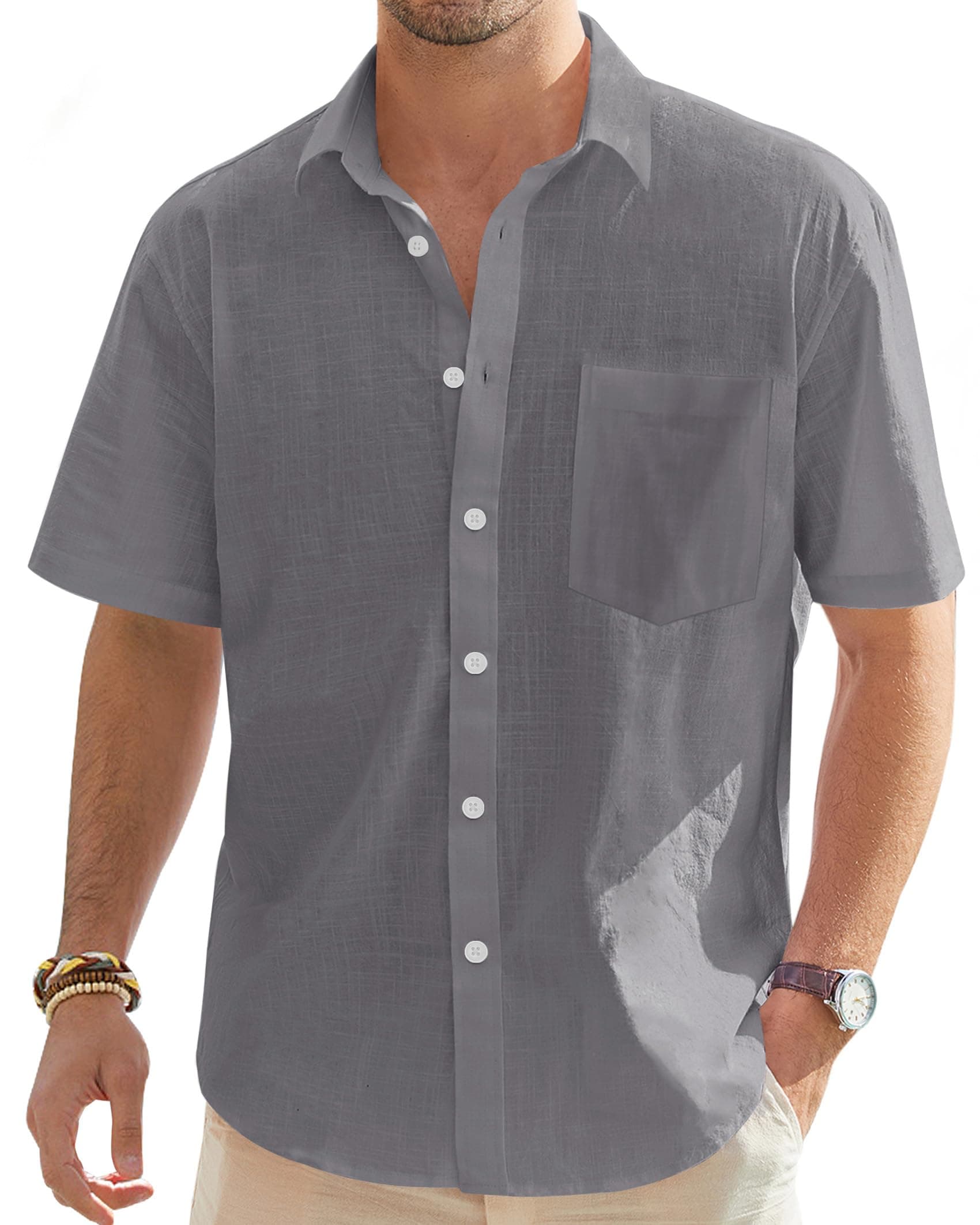 J.VER Leinenhemd Herren Hemd Kurzarm Leinenshirt Freizeithemd Businesshemd Sommer Casual Grau XXL 👔🌞