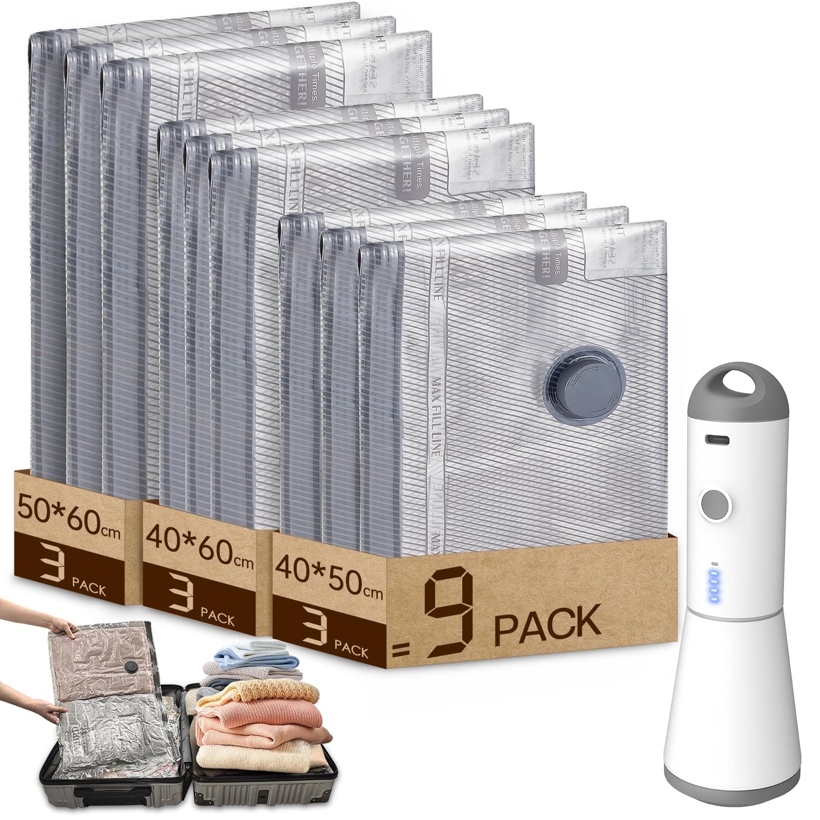 Vacbird Vakuumbeutel für Kleidung mit Kabelloser Vakuumpumpe - 9er Set
