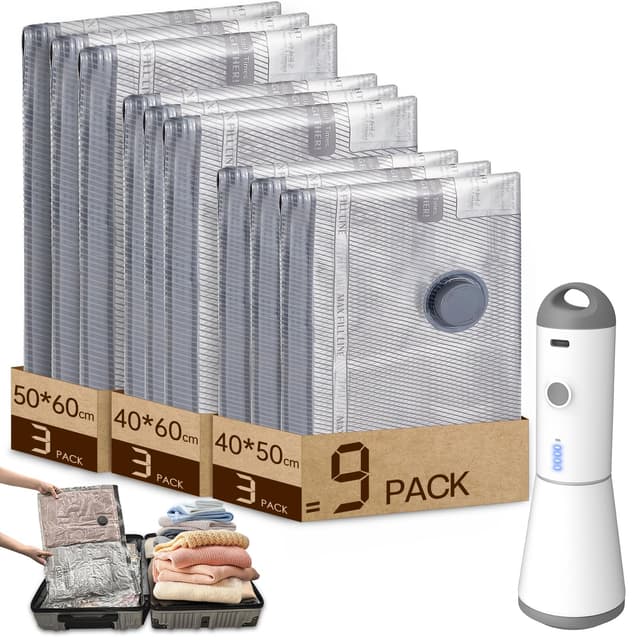 Vacbird Vakuumbeutel für Kleidung mit Kabelloser Vakuumpumpe - 9er Set