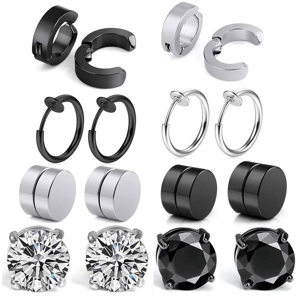 8 Paare Non-Pierced Edelstahl Ohrringe Set 🌟 Schwarz Silber Ohrklemmen Magnetische Ohrstecker Ohrringe Damen Herren Nicht Durchdringende Kreuz CZ Magnet Ohrring Set Creolen