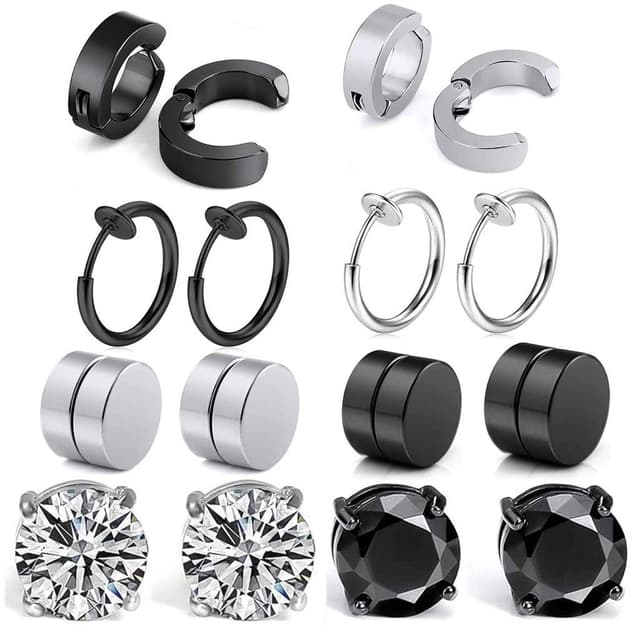 8 Paare Non-Pierced Edelstahl Ohrringe Set 🌟 Schwarz Silber Ohrklemmen Magnetische Ohrstecker Ohrringe Damen Herren Nicht Durchdringende Kreuz CZ Magnet Ohrring Set Creolen