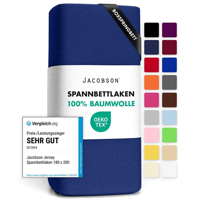 🌟 Hohe Qualität! Jacobson Jersey Spannbettlaken Spannbetttuch Baumwolle Bettlaken (180x200-200x220 cm, Royal Blau)