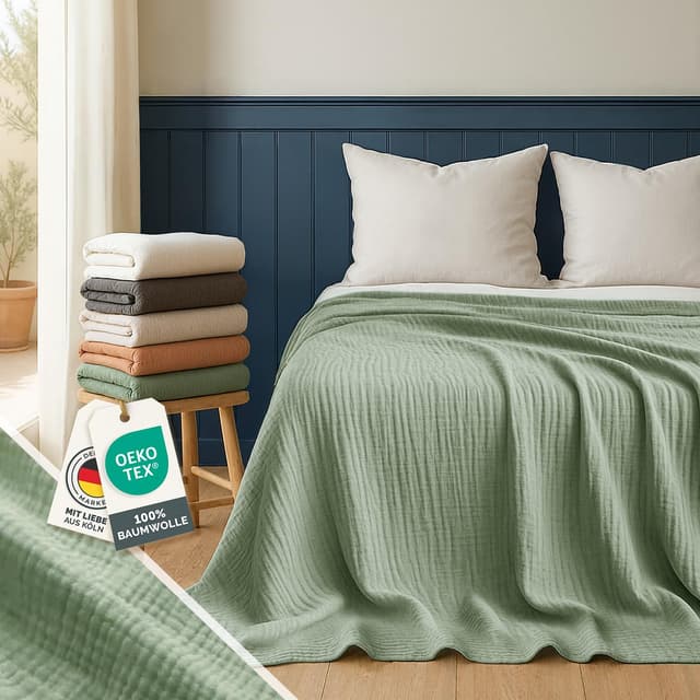 Blumtal Tagesdecke Baumwolle 150x200 cm - Musselin Decke Oeko-TEX zert. - Tagesdecke Grün Summer Green 150x200cm