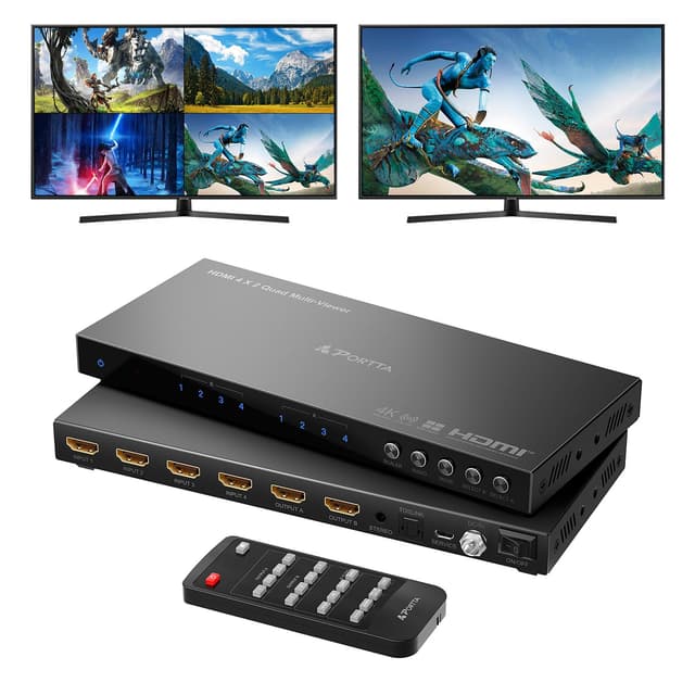 4K HDMI Multiviewer Switch 4x2 mit Pip, PORTTA Quad Multi Viewer Seamless Switcher 4 in 2 Out 📺🔊