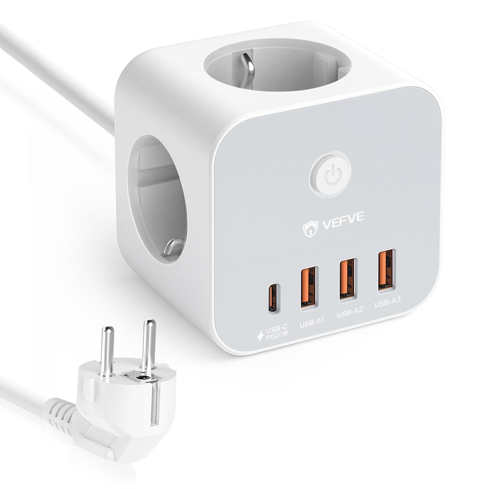 🔌 VEFVE Steckdosenwürfel mit Kabel, 7-in-1 Würfel Mehrfachsteckdose mit USB C 20W
