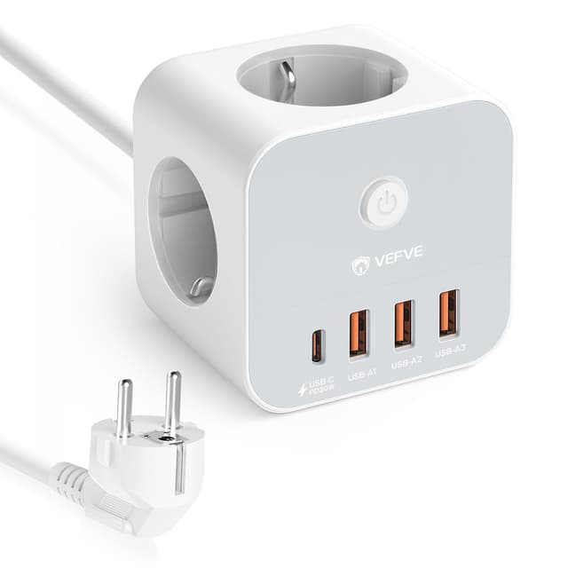 🔌 VEFVE Steckdosenwürfel mit Kabel, 7-in-1 Würfel Mehrfachsteckdose mit USB C 20W