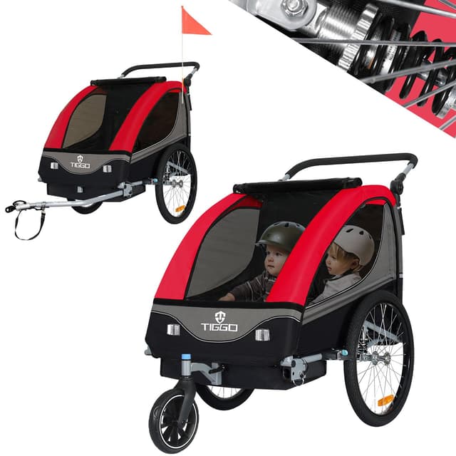 🚲👶 Tiggo S2 Kinderanhänger mit Federung Jogger 2 in 1 Kinder Buggy fahrradanhänger Anhänger 360° Drehbar Rot - Sonderangebot!