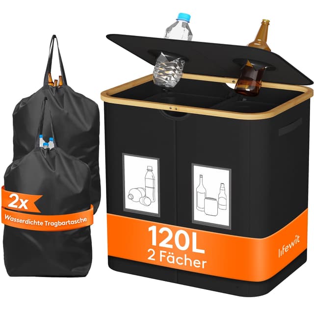 🌿🌍 Lifewit 120L Pfandflaschen Sammelbehälter | Flaschen Organizer mit Deckel | Flaschensammler Leergut 2 Fächer | Schwarz 120L 🌿🌍