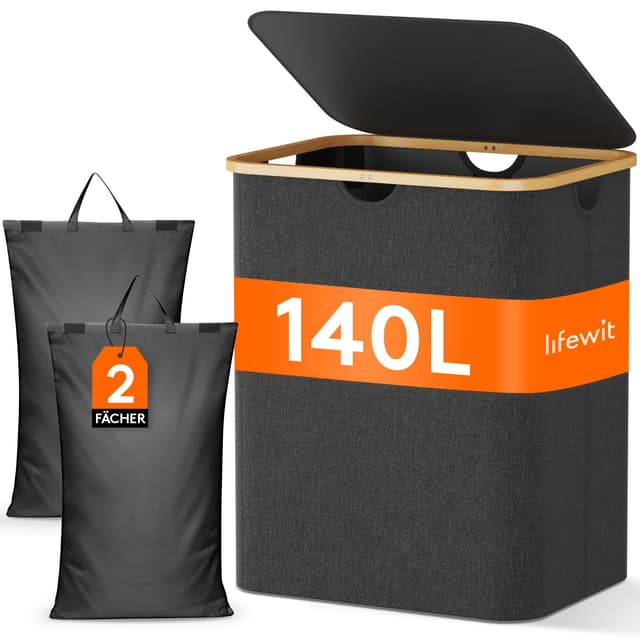 Lifewit Wäschekorb mit Deckel, 140L Große Wäschesammler 2 Fächer, Wäschesäcke, Wäschesortierer 😍