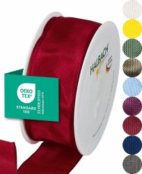 Halbach Seidenbänder Premium Geschenkband mit Drahtkante | Breite 40mm Länge 25m | Öko-Tex 100 zertifiziertes Schleifenband | Taftband Made in Germany, Farbe: rubinrot