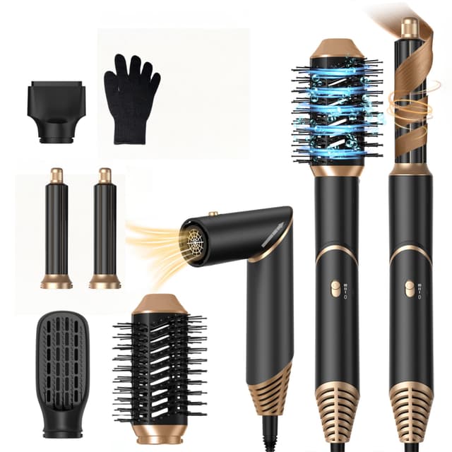 UKLISS Airstyler 5 in 1 Ionen Föhn [60,000RPM] mit Luft-Lockenstab Rundbürstenföhn Schwarz/Gold (5 in 1)