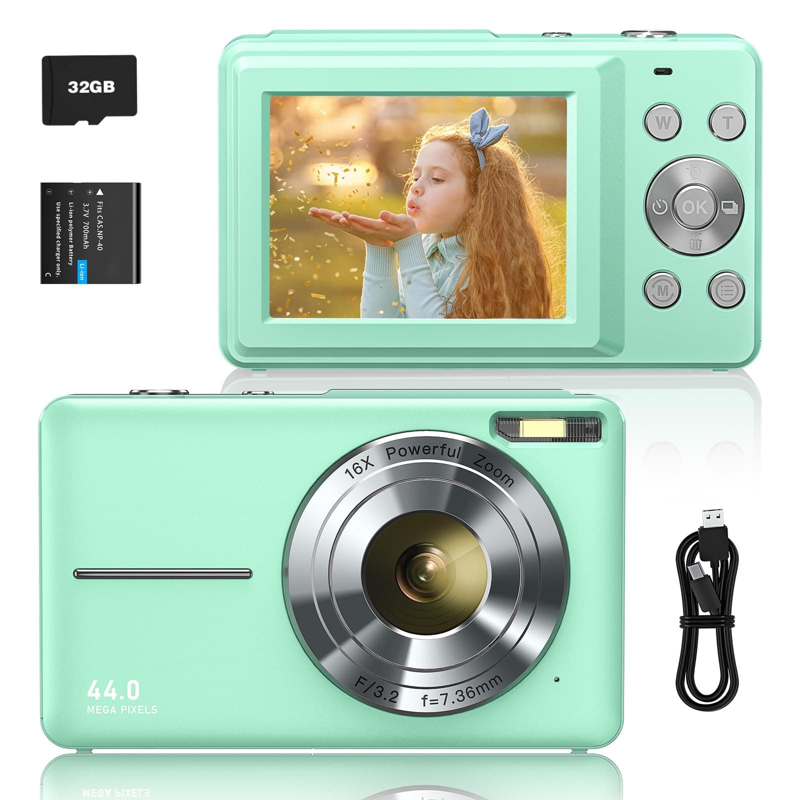 Sevenat Digitalkamera FHD 1080P 44MP Fotokamera Fotoapparat Digitalkamera mit 32G Karte 16X Digitalzoom Kompakt Einfache Tragbare Digital Kamera für Kinder Senioren Mädchen Anfänger Teenager(Grün) ⭐️